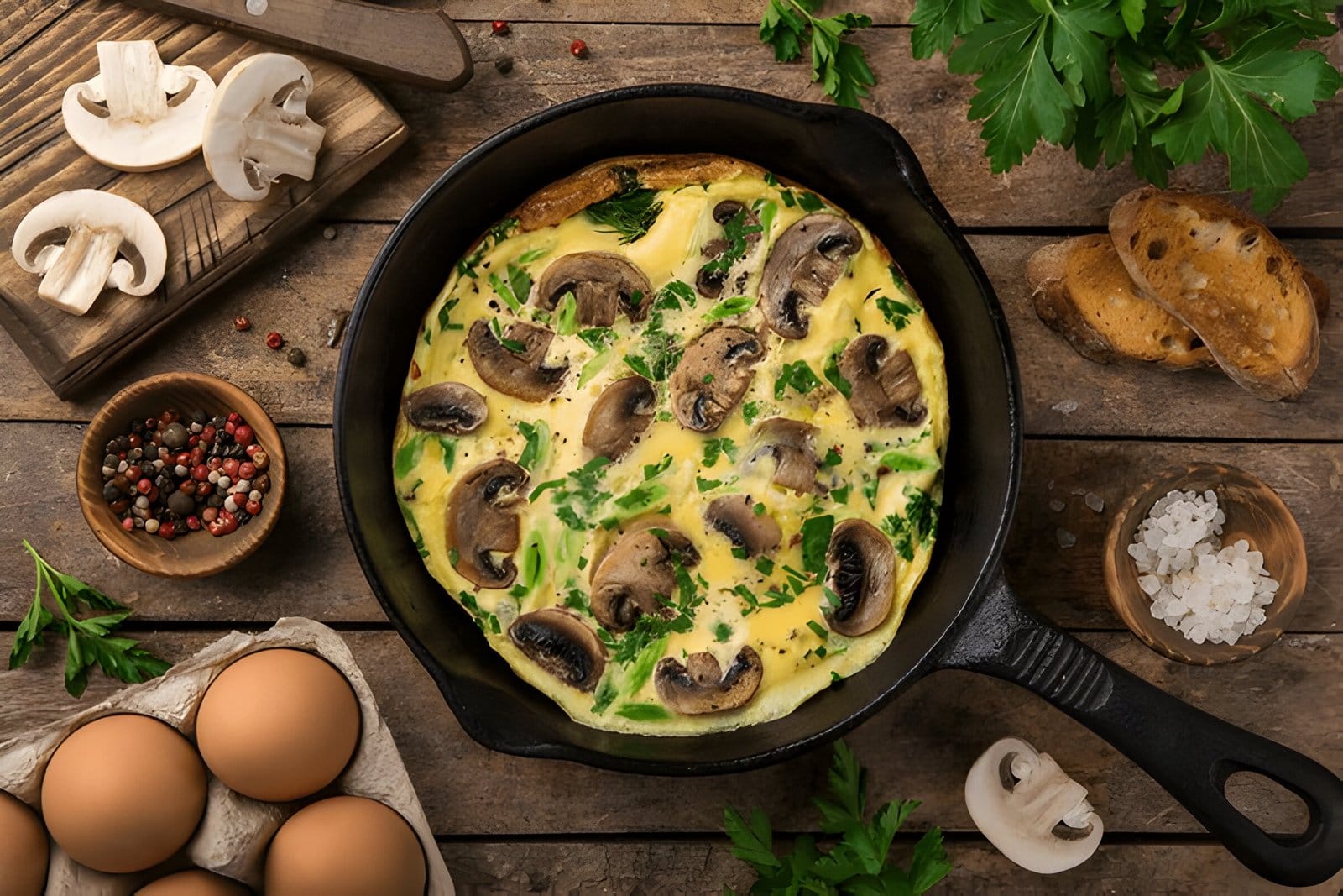 A perfectly cooked mushroom omelette with fresh herbs and cheese.