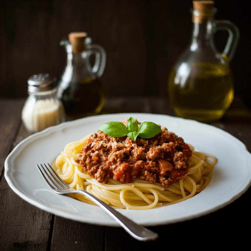 Classic spaghetti topped with savory meat sauce