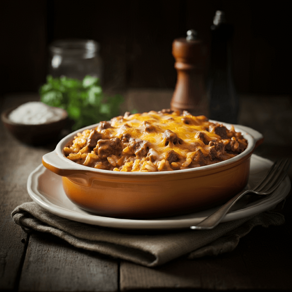 Comforting cheesy beef and rice casserole