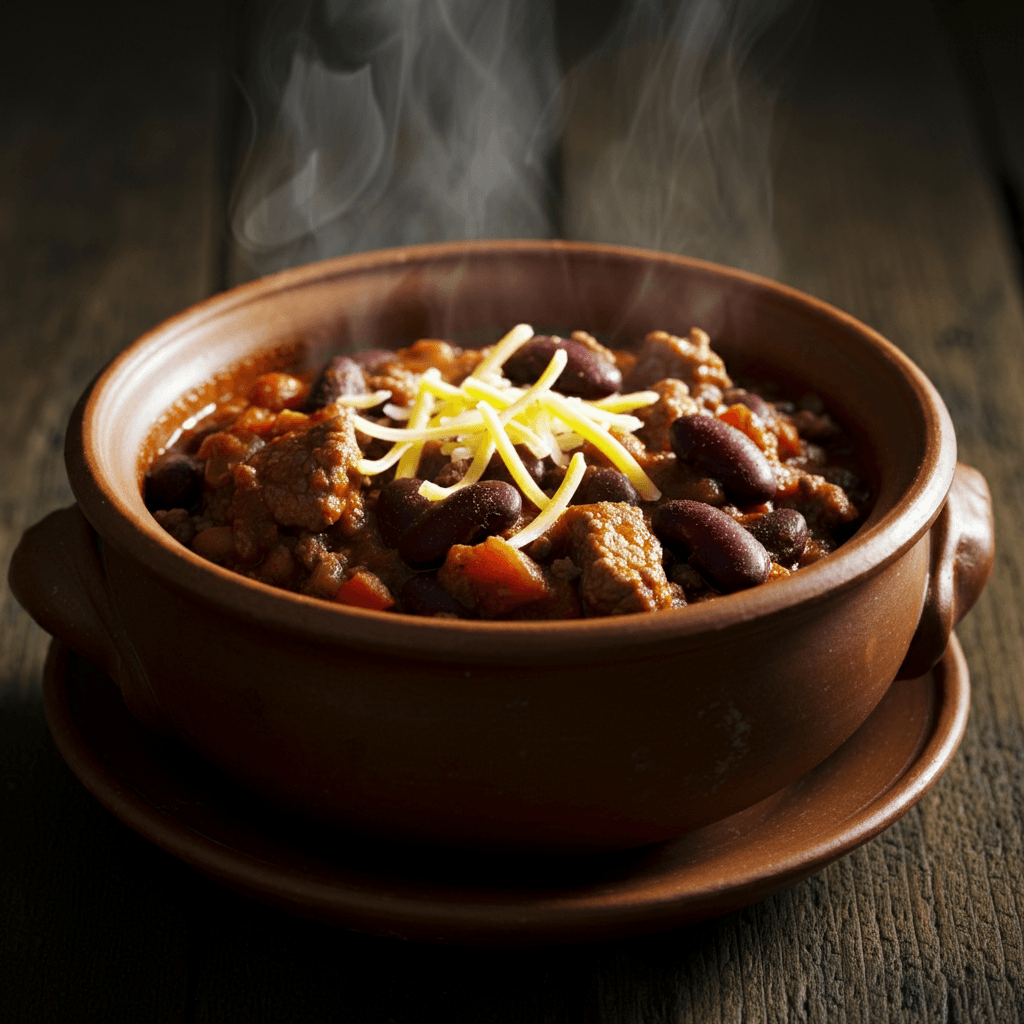 Hearty beef and bean chili served in a bowl