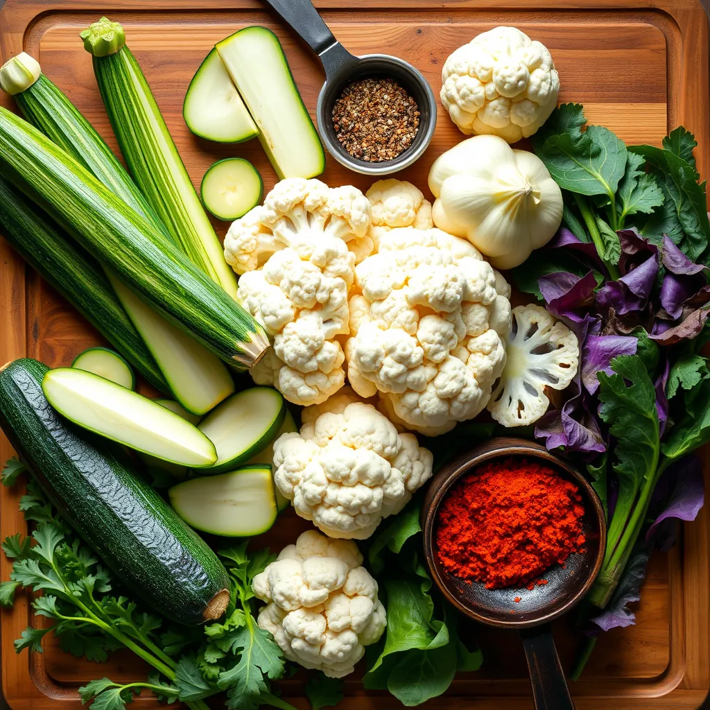 A bright and colorful arrangement of fresh, non-starchy vegetables, including zucchini, cauliflower, and leafy greens, displayed on a rustic wooden cutting board. Cooking utensils and spices are artfully scattered around, creating an inviting scene that highlights the appeal of healthy, low carb vegetarian ingredients.