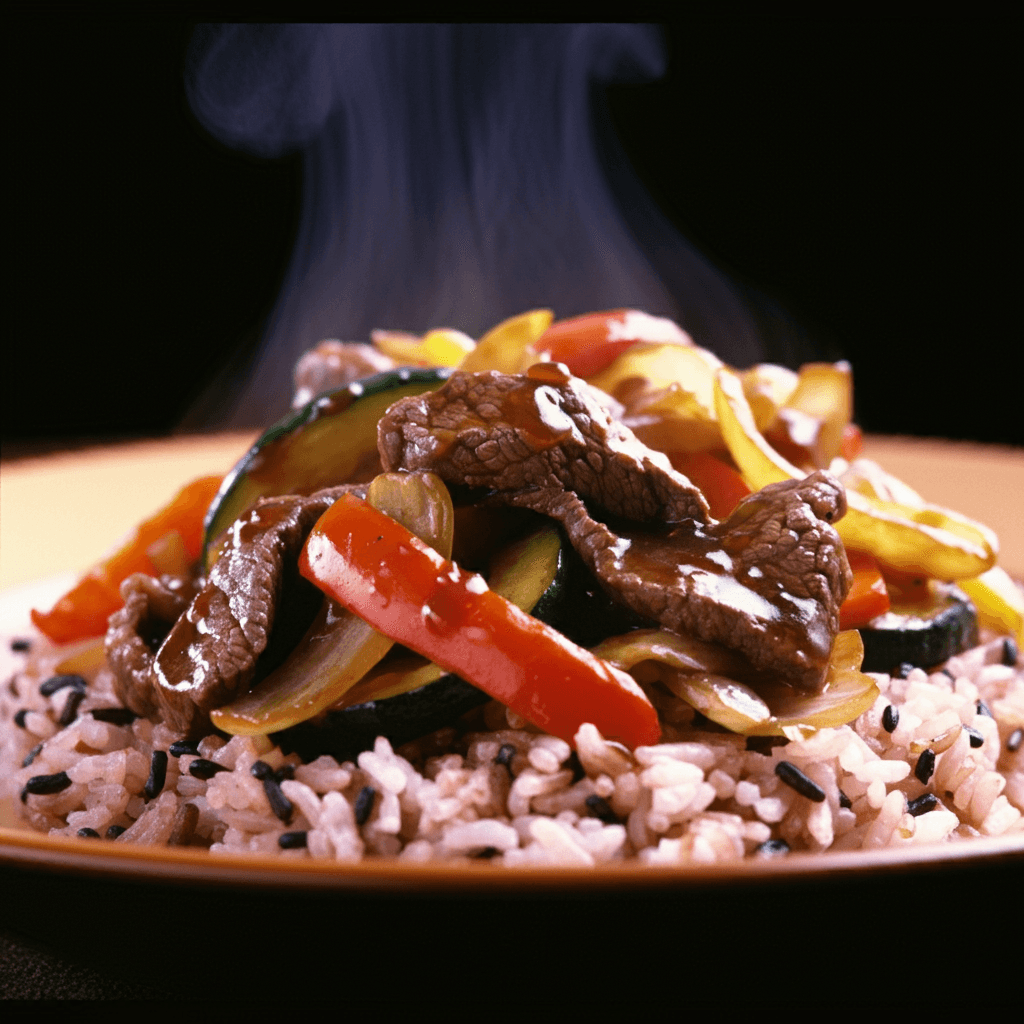 beef and vegetable stir-fry served on rice