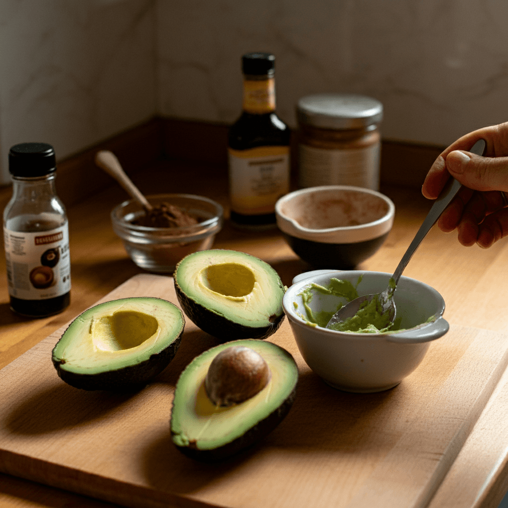 Preparing ripe avocados for chocolate mousse