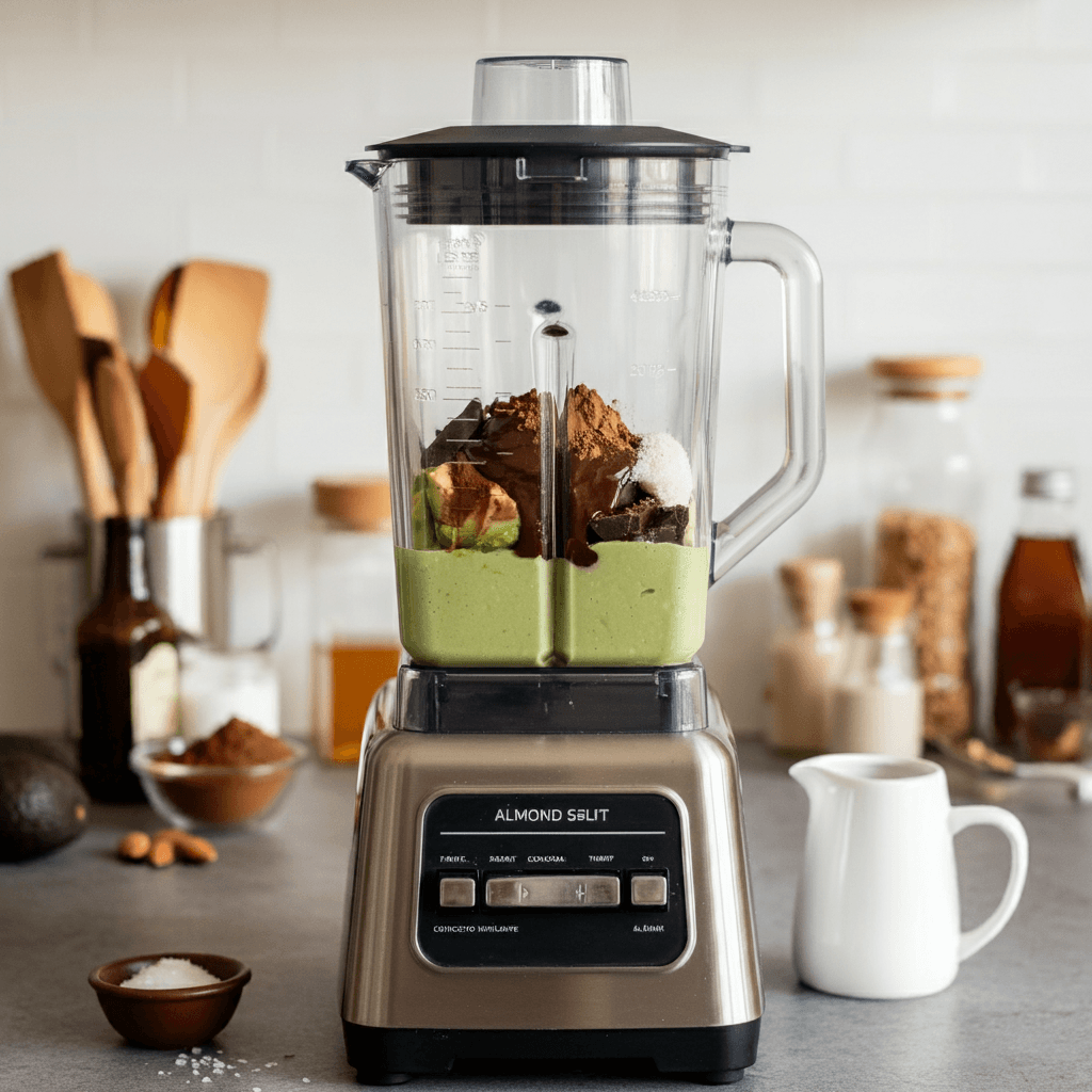   Blending avocados and melted chocolate for the mousse