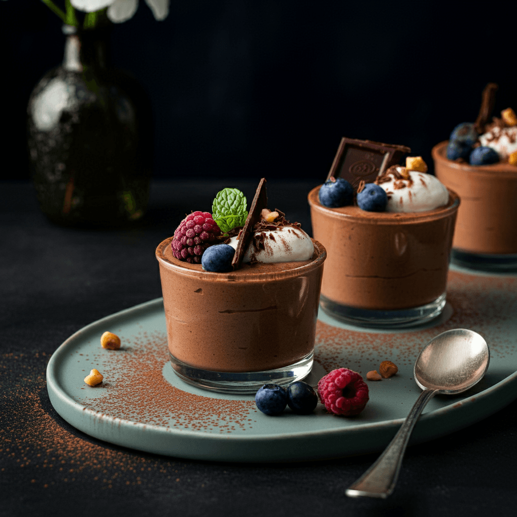 Avocado chocolate mousse served in ramekins, garnished with fresh fruit